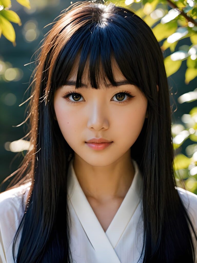 a beautiful, young (((Japanese teen girl))) with deep, ((long, straight, soft, shiny black hair in bangs cut)), flawless skin, and dark, reflective black eyes. Her face is framed by perfect contrast and shadow, set against a (((natural, gorgeous backdrop))), making her an (((instant classic))), both (((stunning))) and (((cute)))
