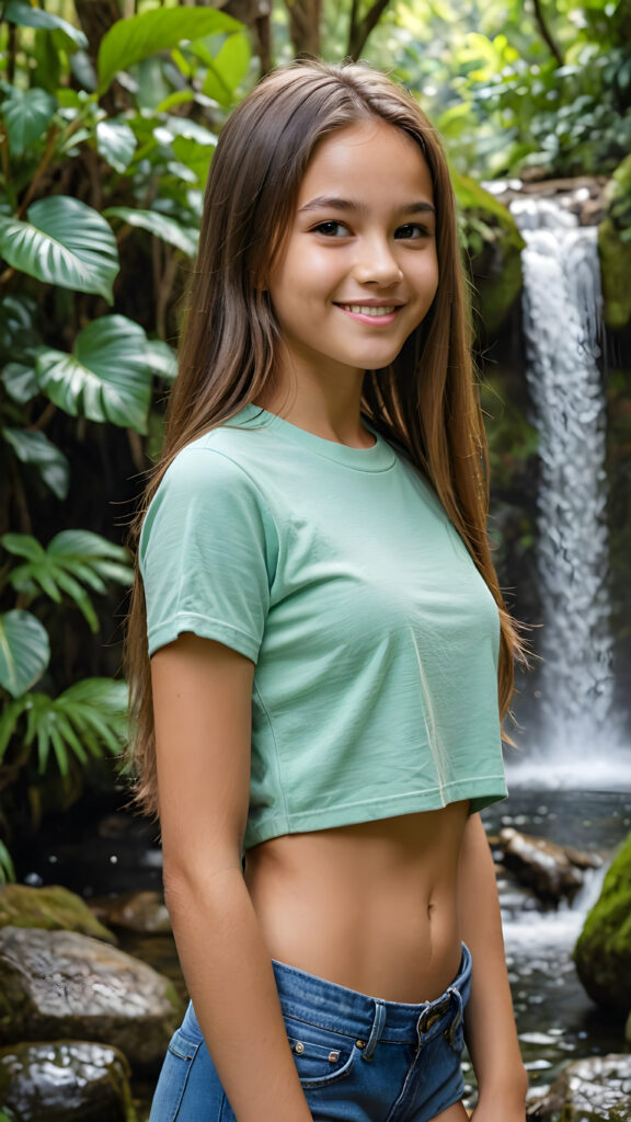 a beautiful, young teen girl, ((detailed and realistic straight hair)), ((detailed, realistic photo)) ((perfect curved body)) ((gorgeous)) ((stunning)) ((cute)), short crop shirt, enjoy her carefree life, she is smiling, posing
