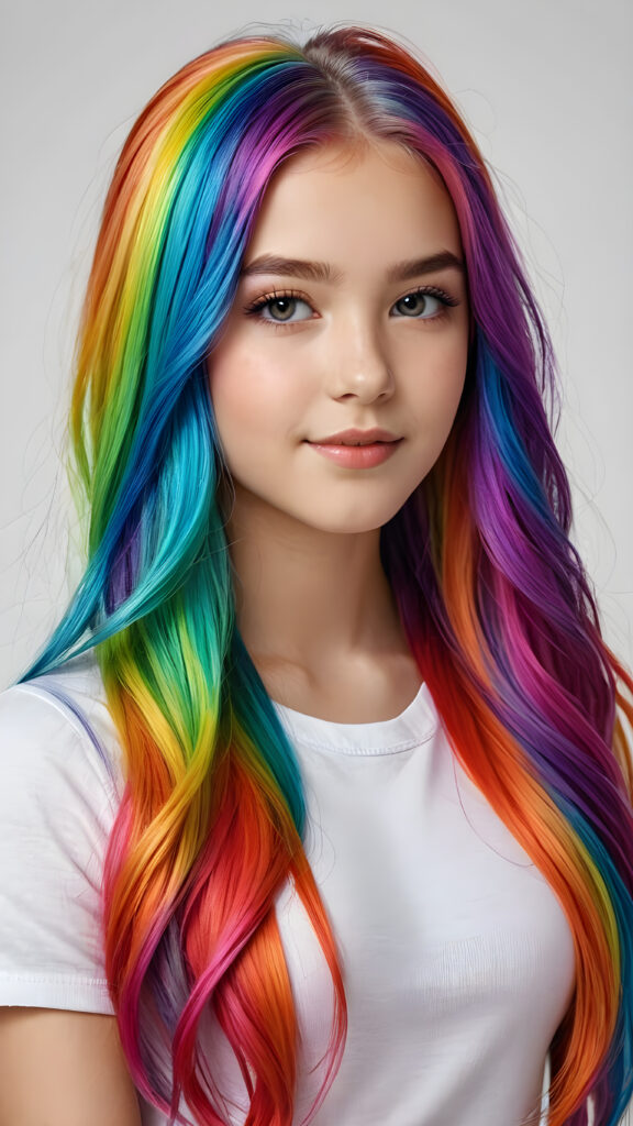 a beautiful, young teen girl, the ((hair in rainbow colors)) ((detailed and realistic hair)), ((detailed, realistic photo)) ((perfect curved body)) ((gorgeous)) ((stunning)) ((cute))