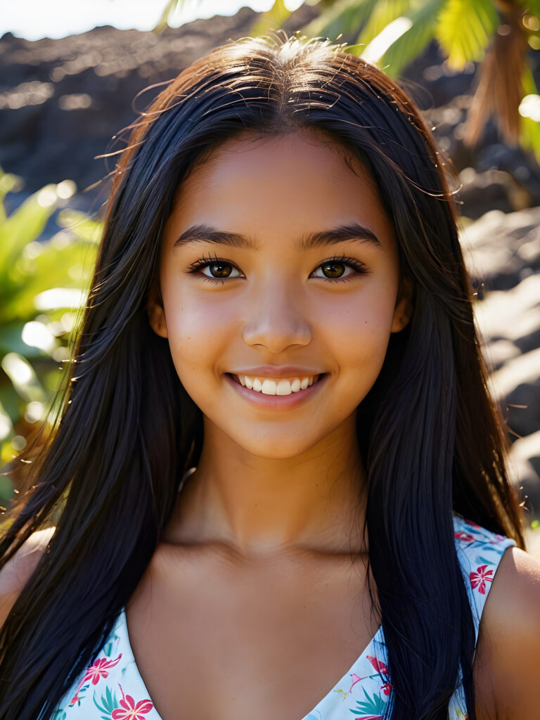 a beautiful, young (((Hawaiian teen girl))) with deep, ((long, straight, shiny black hair)), flawless dark skin, and dark, reflective eyes, smile softly. Her face is framed by perfect contrast and shadow, set against a (((natural, gorgeous backdrop))), making her an (((instant classic))), both (((stunning))) and (((cute)))