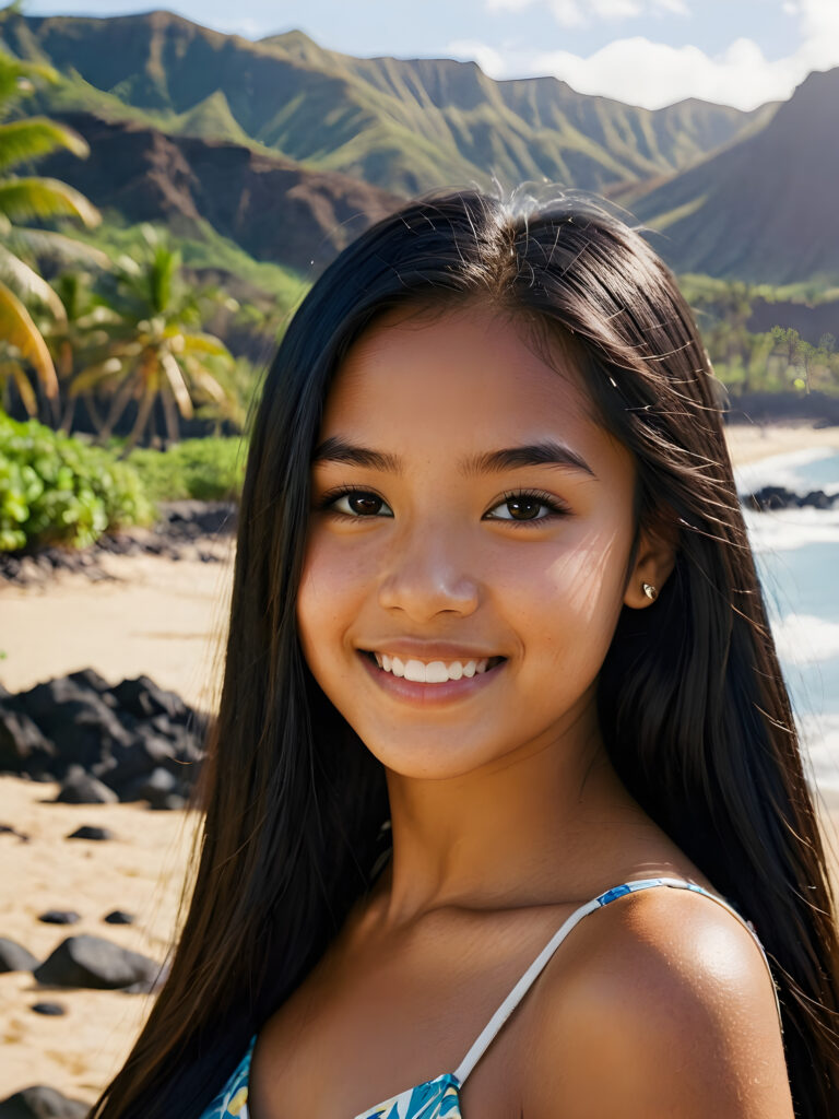 a beautiful, young (((Hawaiian teen girl))) with deep, ((long, straight, shiny black hair)), flawless dark skin, and dark, reflective eyes, smile softly. Her face is framed by perfect contrast and shadow, set against a (((natural, gorgeous backdrop))), making her an (((instant classic))), both (((stunning))) and (((cute)))