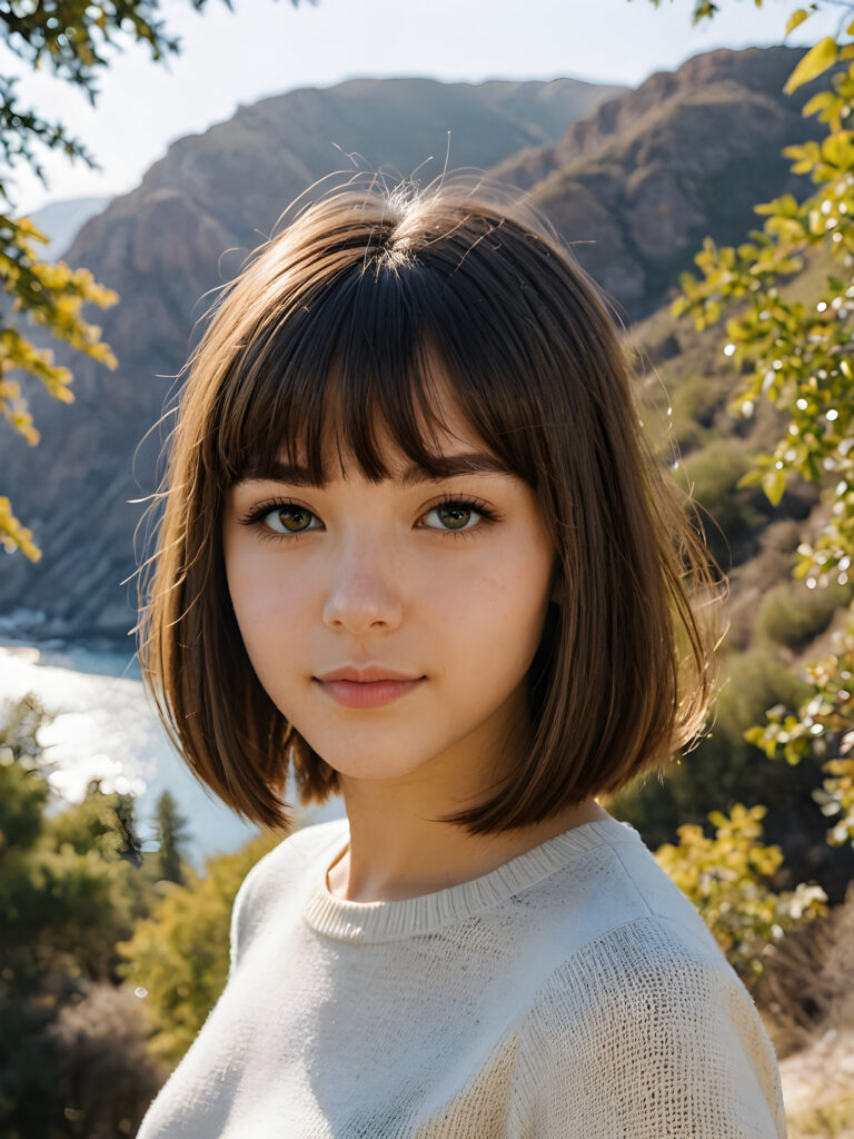 a beautiful, young (((teen girl))) with deep, ((straight, soft, shiny hair, bangs and bob cut)), flawless skin, and dark, reflective eyes and a perfect body. Her face is framed by perfect contrast and shadow, set against a (((natural, gorgeous backdrop))), making her an (((instant classic))), both (((stunning))) and (((cute)))