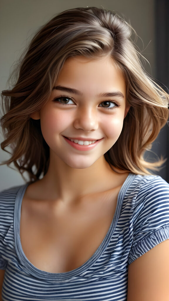a beautiful, young teen girl, ((detailed and realistic hair)), ((detailed, realistic photo)) ((perfect curved body)) ((gorgeous)) ((stunning)) ((cute)), short crop shirt, enjoy her carefree life, she is smiling