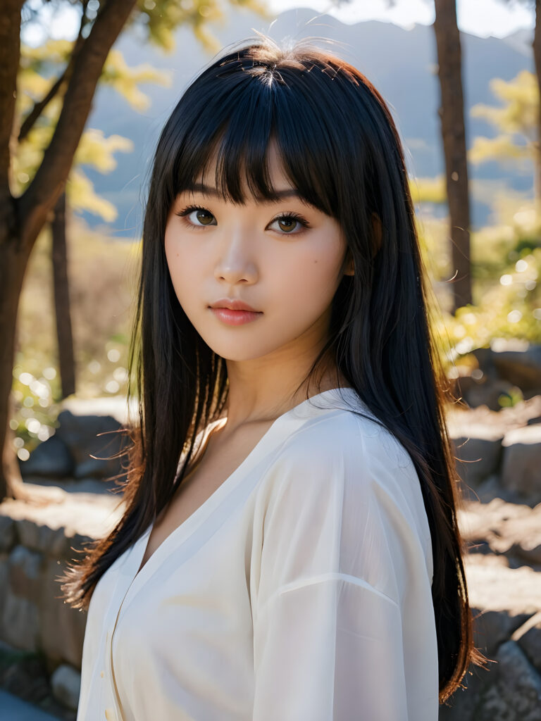 a beautiful, young (((Japanese teen girl))) with deep, ((long, straight, soft, shiny black hair in bangs cut)), flawless skin, and dark, reflective black eyes. Her face is framed by perfect contrast and shadow, set against a (((natural, gorgeous backdrop))), making her an (((instant classic))), both (((stunning))) and (((cute)))