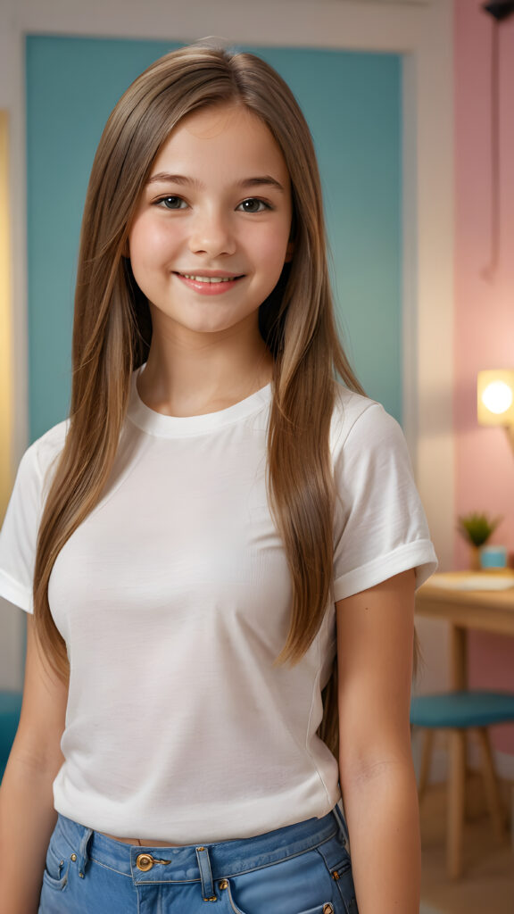 a beautiful, young teen girl, ((detailed and realistic straight hair)), ((detailed, realistic photo)) ((perfect curved body)) ((gorgeous)) ((stunning)) ((cute)), short crop shirt, enjoy her carefree life, she is smiling, posing