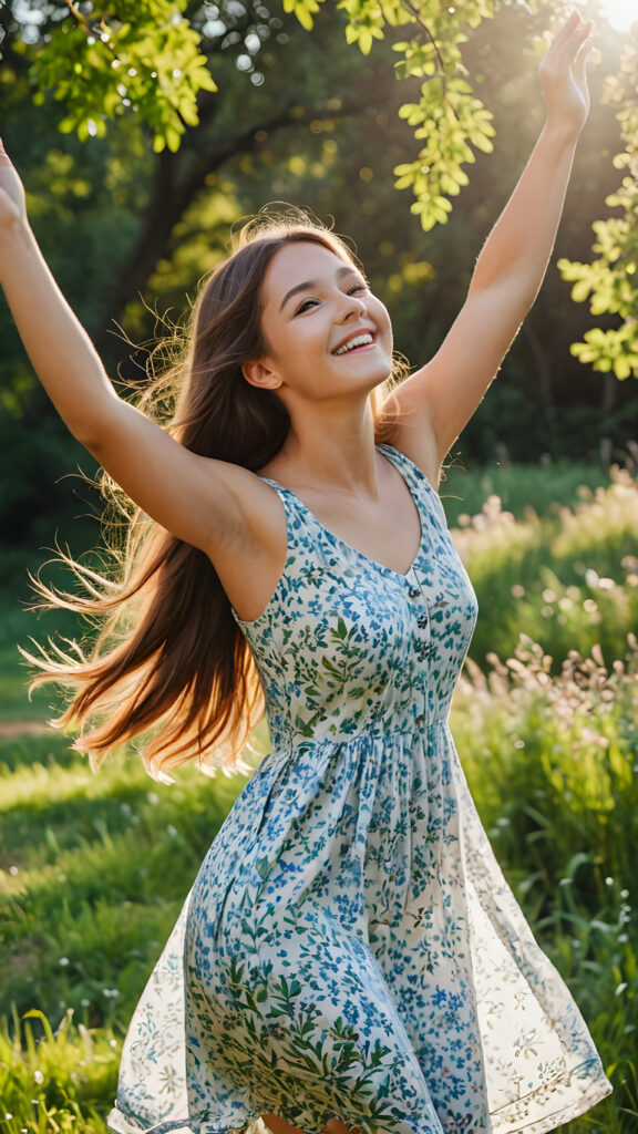 a (((beautiful young girl))), with long, flowing straight hair, extending her arms up in exultation against a backdrop of (summery green leaves and a sunny backdrop)