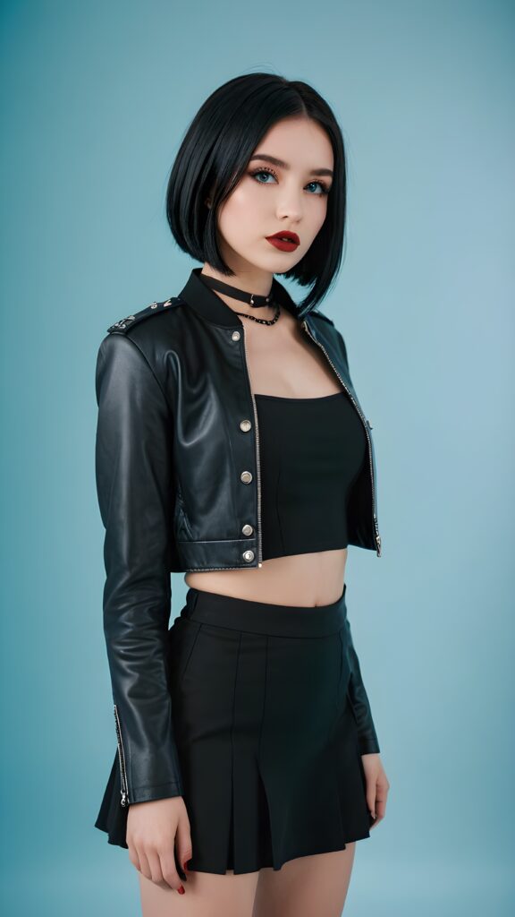 a beautiful young teen girl, dressed in black in a gothic style, black straight hair in a bob cut, wearing a dark short crop jacket. Black round short mini skirt. Awake, beautiful eyes. White makeup and deep red full lips ((full body portrait)) ((light blue background))