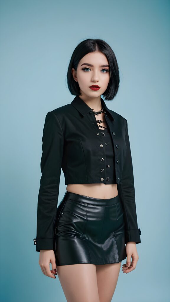 a beautiful young teen girl, dressed in black in a gothic style, black straight hair in a bob cut, wearing a dark short crop jacket. Black round short mini skirt. Awake, beautiful eyes. White makeup and deep red full lips ((full body portrait)) ((light blue background))