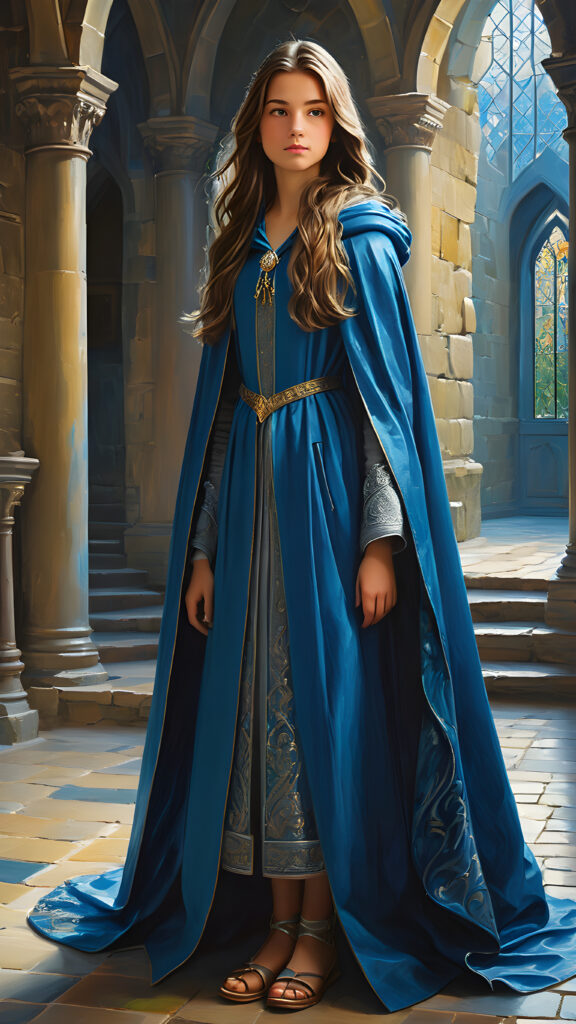 a beautiful young girl wears an enchanted blue cloak. She stands in a hall of a large castle. She has long, straight hair and looks sideways at the viewer. mystical light illuminates the room and creates a mysterious atmosphere.