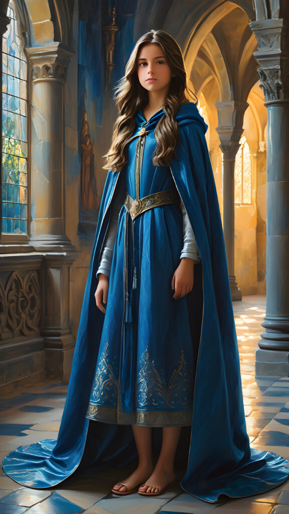 a beautiful young girl wears an enchanted blue cloak. She stands in a hall of a large castle. She has long, straight hair and looks sideways at the viewer. mystical light illuminates the room and creates a mysterious atmosphere.