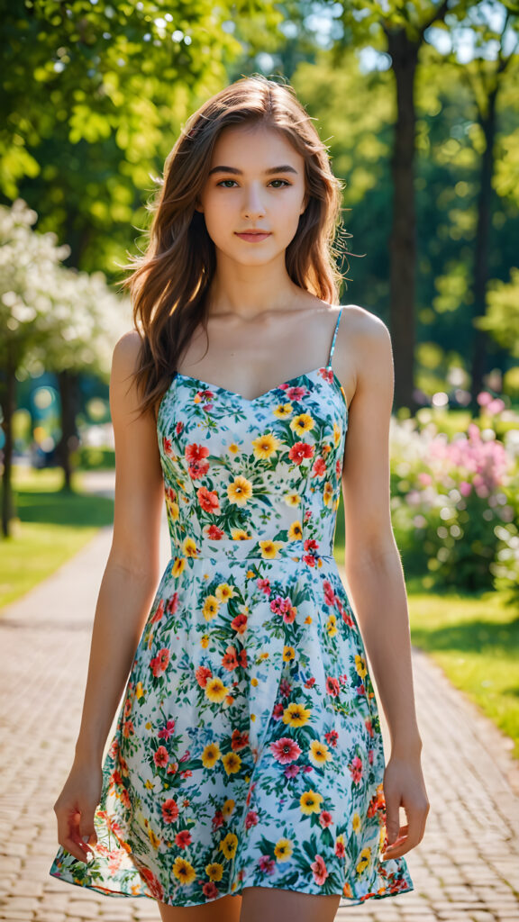 a beautiful cute girl, 13 years old, her short summer dress is patterned with vivid florals, reflecting the sunny mood she usually exudes, she has a perfect, sculpted body ((detailed photo)) ((grey background)