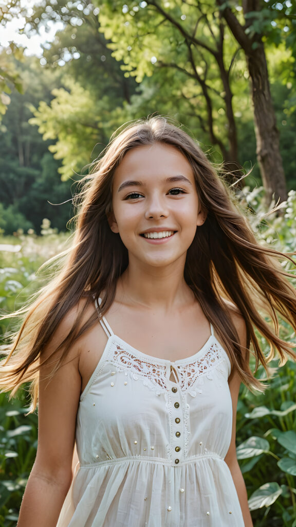 a beautiful young teen girl with straght, flowing long soft hair, in joy, summer and surrounded by nature