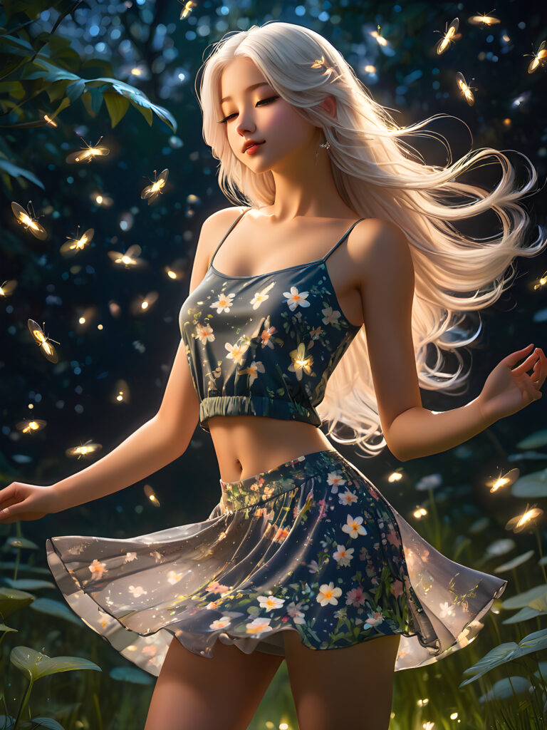 a beautiful young teen girl dances in a (thin floral dress (crop top, mini skirt)) off to the side at night. There are fireflies all around them and brighten the picture a little. realistic shadows, fabulous atmosphere. She has a perfect curved body, realistic long platinum white straight hair.