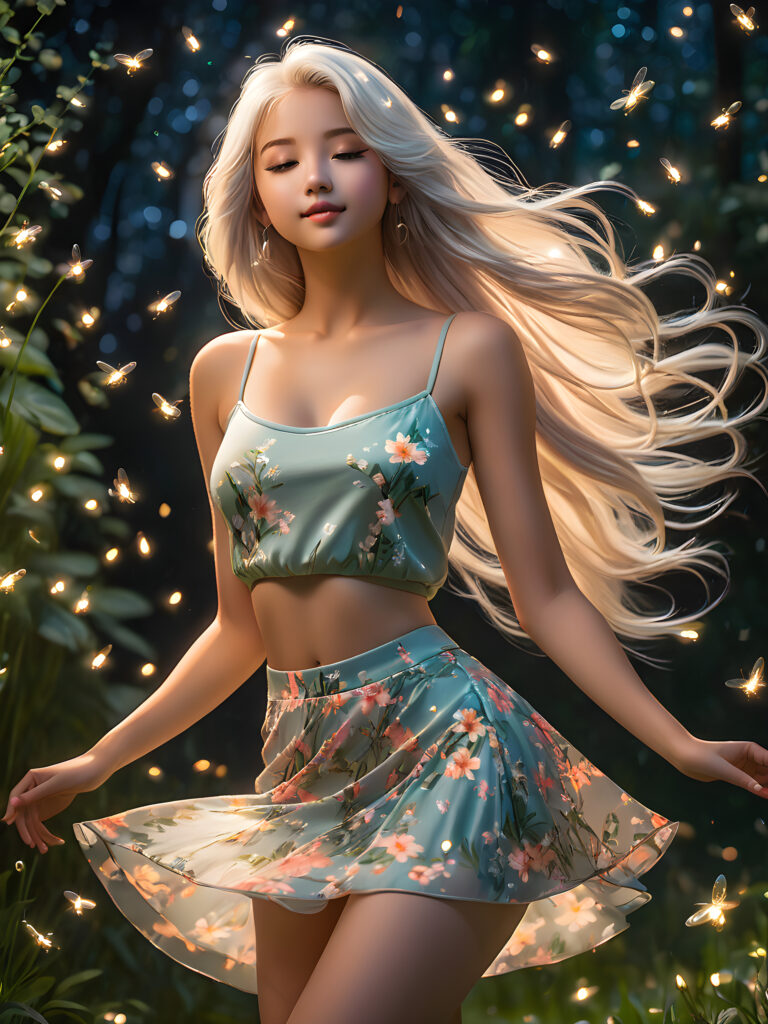 a beautiful young teen girl dances in a (thin floral dress (crop top, mini skirt)) off to the side at night. There are fireflies all around them and brighten the picture a little. realistic shadows, fabulous atmosphere. She has a perfect curved body, realistic long platinum white straight hair.