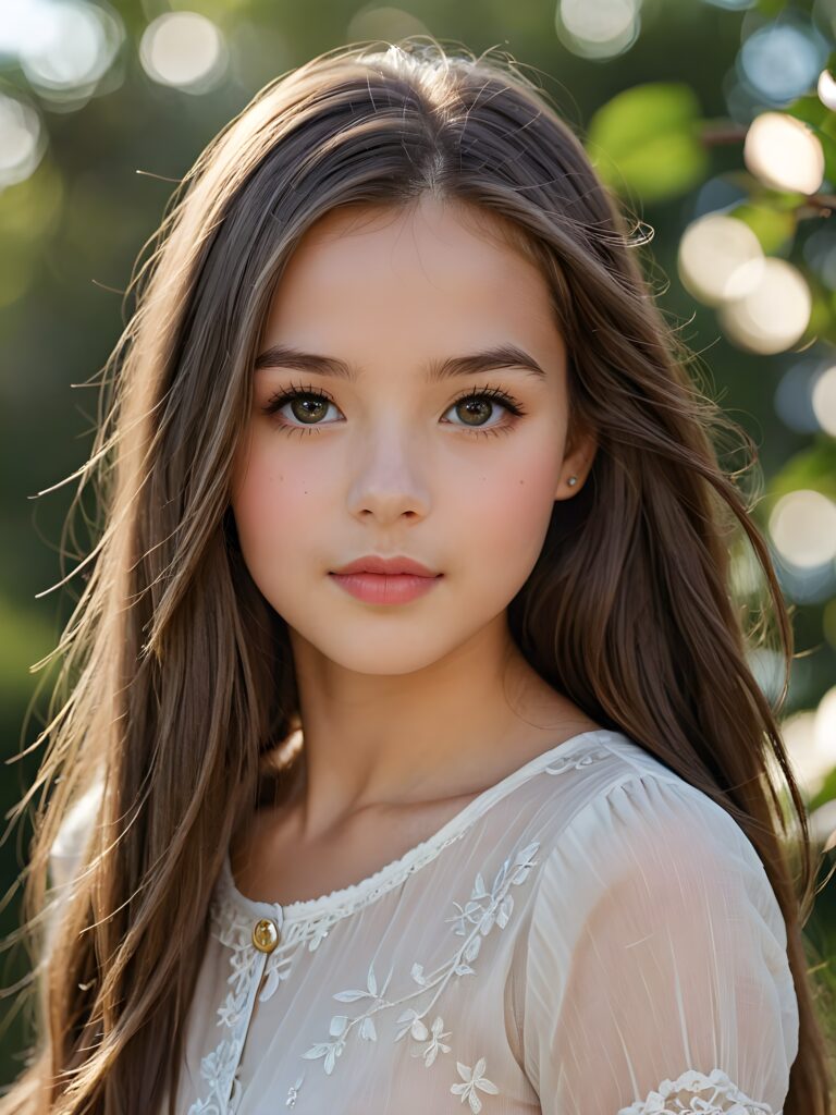 a (((beautifully drawn portrait))), featuring a young girl with long, flowing (((straight hair))), framing a face that exudes innocence and purity. Her skin is flawlessly smooth, with porcelain complexion and delicate features, including a small nose and rosy cheeks. Her eyes sparkle with an air of intrigue, reflecting a hint of light that adds a playful dimension to her expression. Overall, she conveys a sense of seduction and sensuality, with full, kissable lips and a subtly opened mouth