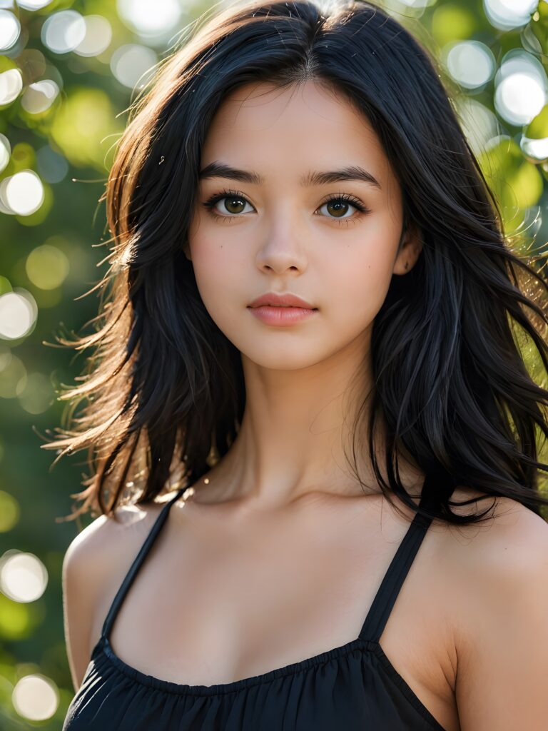a (((beautifully drawn portrait))), featuring a young teen girl with long, flowing (((layered face framing black hair))), her skin is flawlessly smooth, with porcelain complexion and delicate features, including a small nose and rosy cheeks. Her eyes sparkle with an air of intrigue, reflecting a hint of light that adds a playful dimension to her expression. Overall, she conveys a sense of seduction and sensuality, with full, kissable lips and a subtly opened mouth, she is wearing a thin crop top that support her perfect body