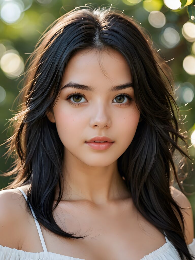 a (((beautifully drawn portrait))), featuring a young teen girl with long, flowing (((layered face framing black hair))), her skin is flawlessly smooth, with porcelain complexion and delicate features, including a small nose and rosy cheeks. Her eyes sparkle with an air of intrigue, reflecting a hint of light that adds a playful dimension to her expression. Overall, she conveys a sense of seduction and sensuality, with full, kissable lips and a subtly opened mouth, she is wearing a thin crop top that support her perfect body