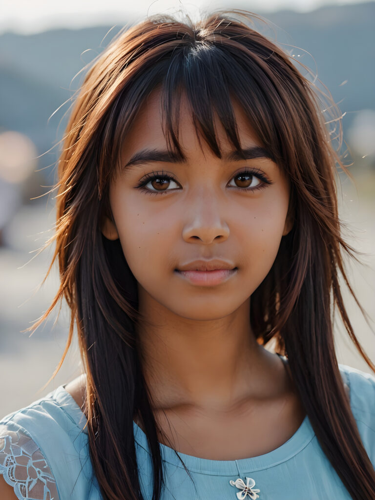 a beautifully drawn (((brown-skinned teen emo girl))) with flowing, softly waving (straight hair) framing her face in side bangs and highlighted by a contrasting light blue complexion, expressing a poignant feeling of melancholy and emotional detachment, set against a softly grey (backdrop)