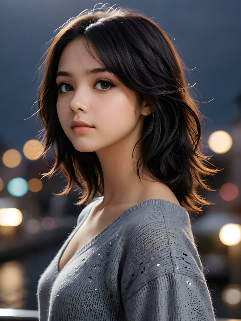 a beautifully drawn (((side profile image))) of a (((young, emo girl))) with flowing, shiny, shoulder-length black hair that frames her face gently. Her amber eyes sparkle in the light, and her complexion is a mix of light and dark browns, with a radiant glow. She is 15 years old, wearing a thin (((gray wool sweater))), which falls elegantly down her slender frame, accentuating every curve. Her expression is one of alluring seduction, as if beckoning the viewer to appreciate the intricate details of her appearance against a (softly detailed nighttime backdrop)