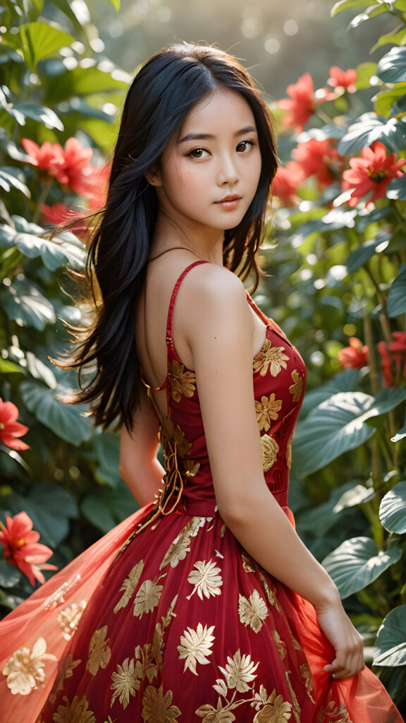 a beautifully drawn (((oriental girl))), with long middle-parted, side-swept black hair and big, round, cutely squinting (((black eyes))), accompanied by a (((round oval face))), dressed in a (((golden-patterned red tulle dress))), standing confidently amidst a (sunny, tranquil flower field) in a (vivid, lush jungle backdrop)