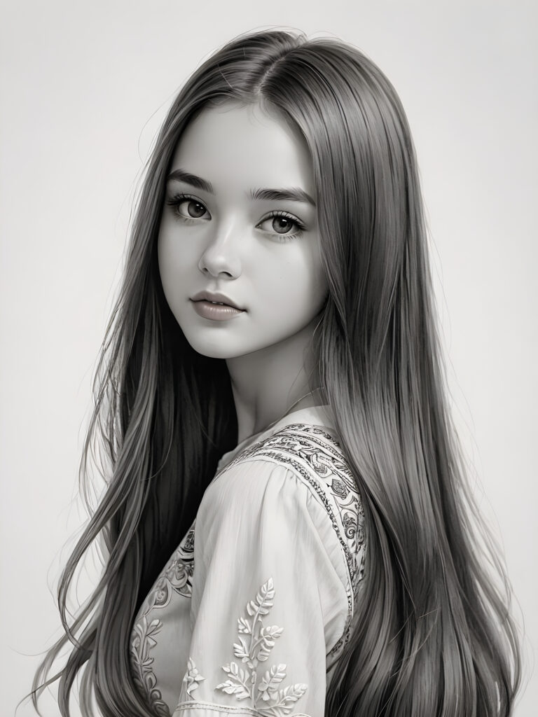 a beautifully drawn (((teen girl))) in a classic, traditional style, with long, flowing (((straight hair))), intricate details like delicate facial features and full, rosy lips