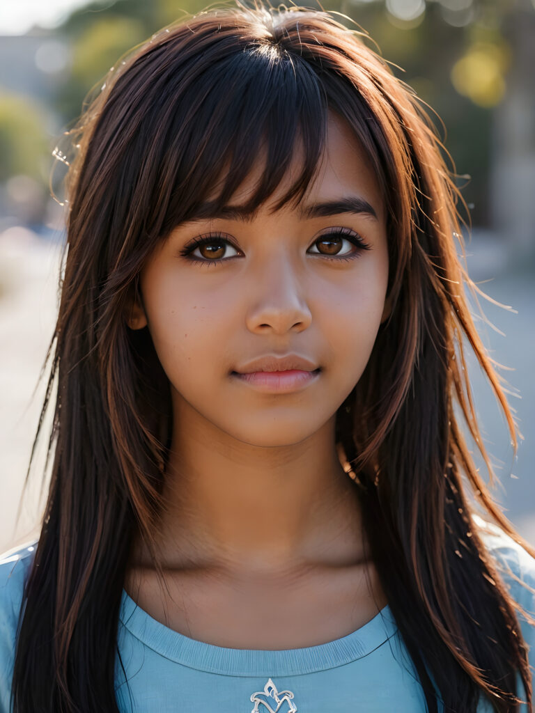 a beautifully drawn (((brown-skinned teen emo girl))) with flowing, softly waving (straight hair) framing her face in side bangs and highlighted by a contrasting light blue complexion, expressing a poignant feeling of melancholy and emotional detachment, set against a softly grey (backdrop)