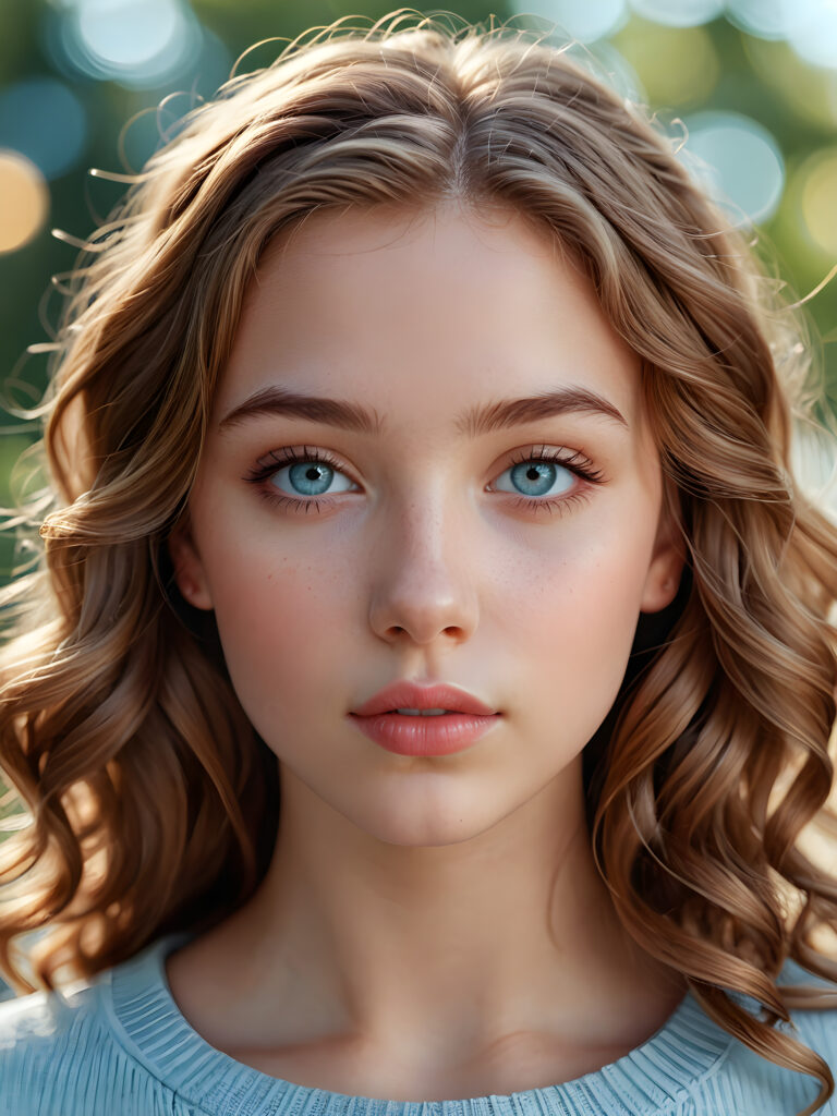 a beautifully drawn (((super realistic illustration))), featuring an (adorable teen girl) with (full, angelic round lips), (wavy hazelnut hair), and a (perfect face) with soft, (light blue eyes)