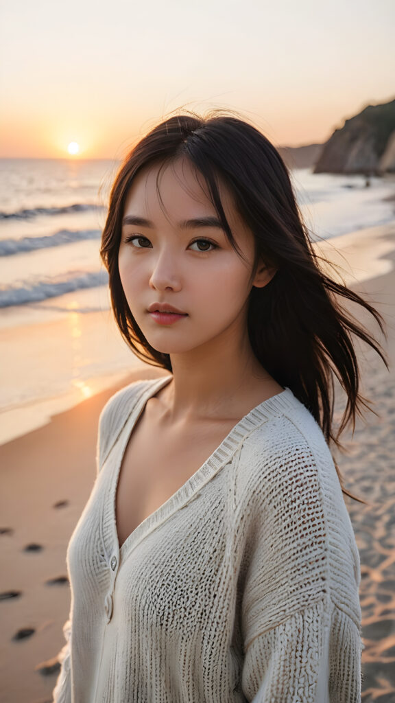 a beautifully drawn (((photo))), capturing a thoughtful (teen girl with soft, straight black shoulder-length hair framing her face in gentle bangs) on a tranquil, lonely beach at dawn, where the rising sun casts a warm glow around her. She wears a luxuriously soft, slightly see-through, chunky wool sweater in a timeless, bohemian style that complements her flawless, curvy figure