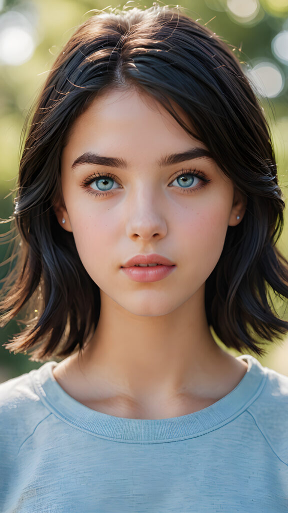 a beautifully drawn (((super realistic illustration))), featuring an (adorable tomboy) ((teenage girl)) with (full, angelic round lips), (black hair), and a (perfect face) with soft, (light blue eyes), short crop top