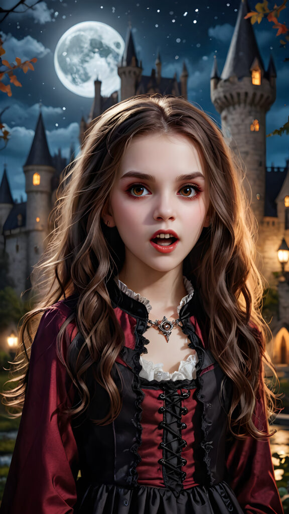 a beautifully drawn (((vividly detailed painting))), featuring a (((young vampire girl))) with flowing locks and intricate fangs, set against a (gothic backdrop of castles and moonlit forests)