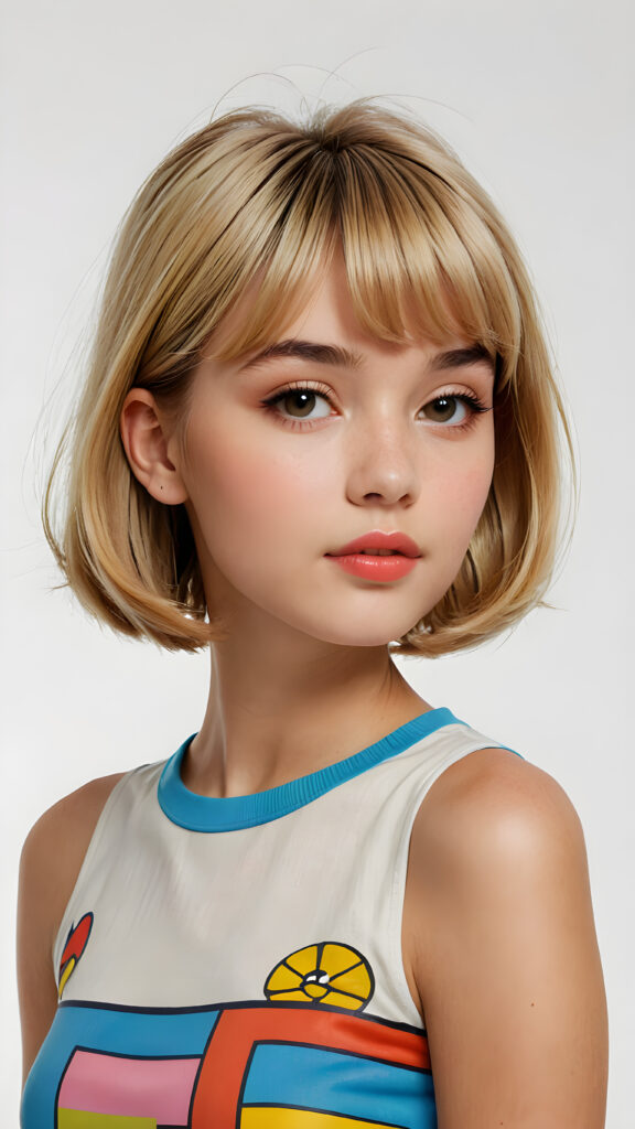 a beautifully drawn (((pop art young teen girl))) with straight soft hair styled in a (short bob cut) and face framed by a short, bang-like fringe, kissable lips and a perfect curved body (in a short thin crop top) representing a cool and trendy silhouette on a (simple white background) presented in a side view
