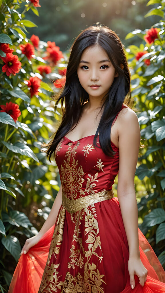 a beautifully drawn (((oriental girl))), with long middle-parted, side-swept black hair and big, round, cutely squinting (((black eyes))), accompanied by a (((round oval face))), dressed in a (((golden-patterned red tulle dress))), standing confidently amidst a (sunny, tranquil flower field) in a (vivid, lush jungle backdrop)