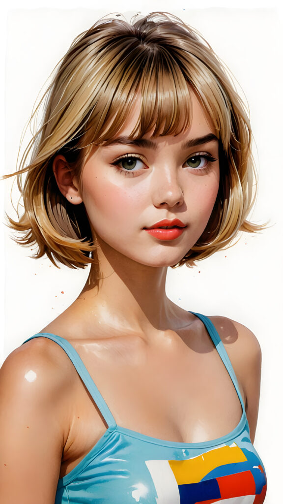 a beautifully drawn (((pop art young teen girl))) with straight soft hair styled in a (short bob cut) and face framed by a short, bang-like fringe, kissable lips and a perfect curved body (in a short thin crop top) representing a cool and trendy silhouette on a (simple white background) presented in a side view