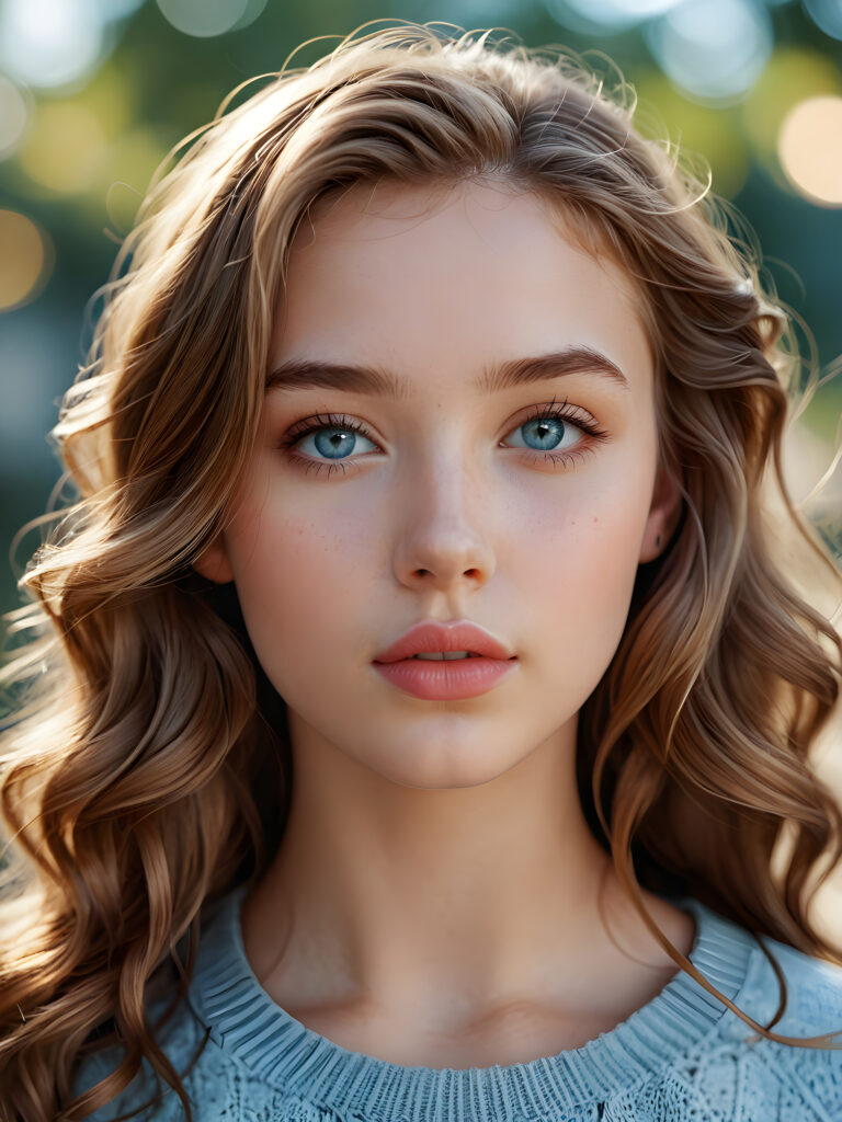 a beautifully drawn (((super realistic illustration))), featuring an (adorable teen girl) with (full, angelic round lips), (wavy hazelnut hair), and a (perfect face) with soft, (light blue eyes)
