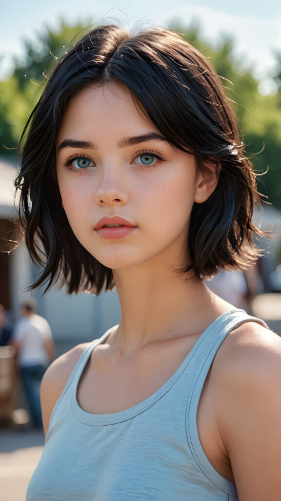 a beautifully drawn (((super realistic illustration))), featuring an (adorable tomboy) ((teenage girl)) with (full, angelic round lips), (black hair), and a (perfect face) with soft, (light blue eyes), short crop top