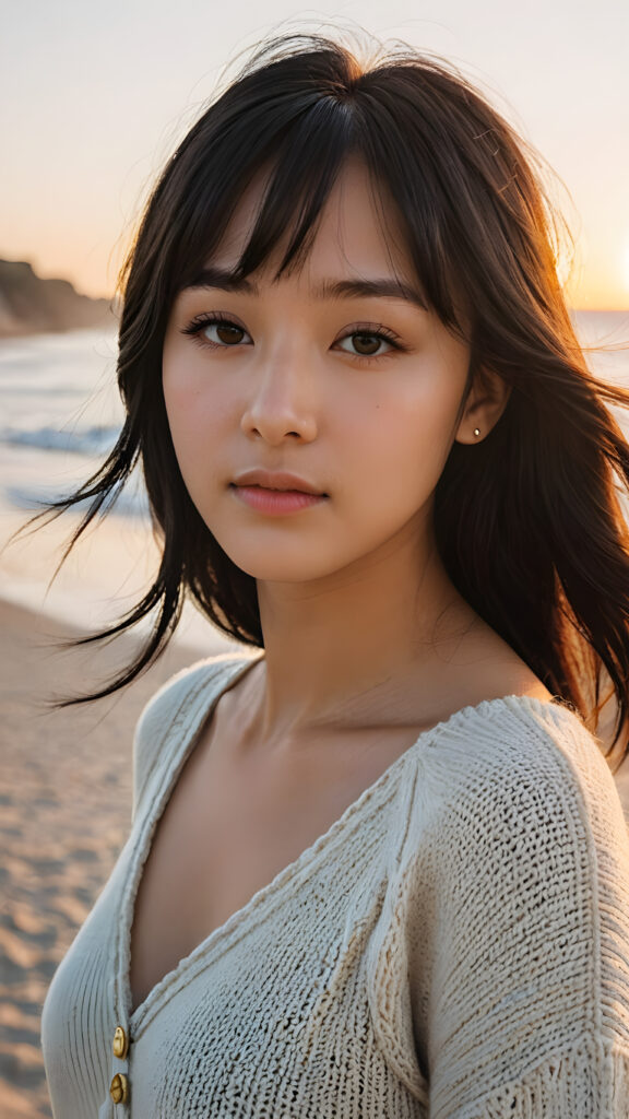 a beautifully drawn (((photo))), capturing a thoughtful (teen girl with soft, straight black shoulder-length hair framing her face in gentle bangs) on a tranquil, lonely beach at dawn, where the rising sun casts a warm glow around her. She wears a luxuriously soft, slightly see-through, chunky wool sweater in a timeless, bohemian style that complements her flawless, curvy figure