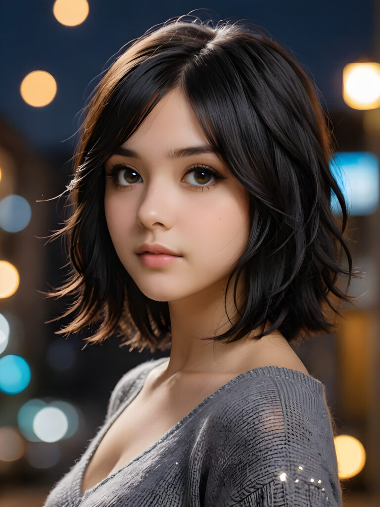 a beautifully drawn (((side profile image))) of a (((young, emo girl))) with flowing, shiny, shoulder-length black hair that frames her face gently. Her amber eyes sparkle in the light, and her complexion is a mix of light and dark browns, with a radiant glow. She is 15 years old, wearing a thin (((gray wool sweater))), which falls elegantly down her slender frame, accentuating every curve. Her expression is one of alluring seduction, as if beckoning the viewer to appreciate the intricate details of her appearance against a (softly detailed nighttime backdrop)
