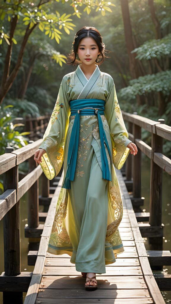a beautifully drawn (((Asian teen girl))) with flowing, black hair, intricate details and ornate patterns, poised confidently as she gracefully steps across a (((traditional Korean wooden bridge))), captured from an (((oblique angle))), where the scene is infused with a (((softly glowing backdrop))), evoking the timeless elegance of the Victorian era, interwoven with the ethereal softness of (((twinkling fireflies))) that softly dance above, complementing the serene atmosphere that surrounds this exquisite figure