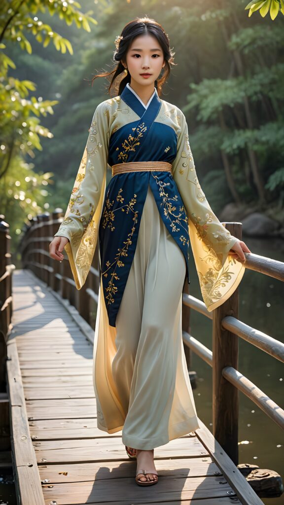 a beautifully drawn (((Asian teen girl))) with flowing, black hair, intricate details and ornate patterns, poised confidently as she gracefully steps across a (((traditional Korean wooden bridge))), captured from an (((oblique angle))), where the scene is infused with a (((softly glowing backdrop))), evoking the timeless elegance of the Victorian era, interwoven with the ethereal softness of (((twinkling fireflies))) that softly dance above, complementing the serene atmosphere that surrounds this exquisite figure