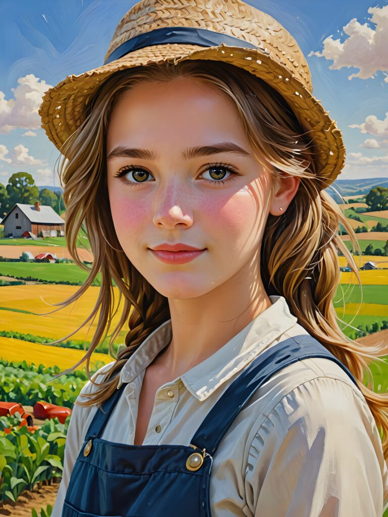 a beautifully illustrated (((farmer teen girl))) with intricate details and vivid colors, dressed in a ((thin yet elegant style)), capturing an air of whimsy and artistic flair, straight soft hair