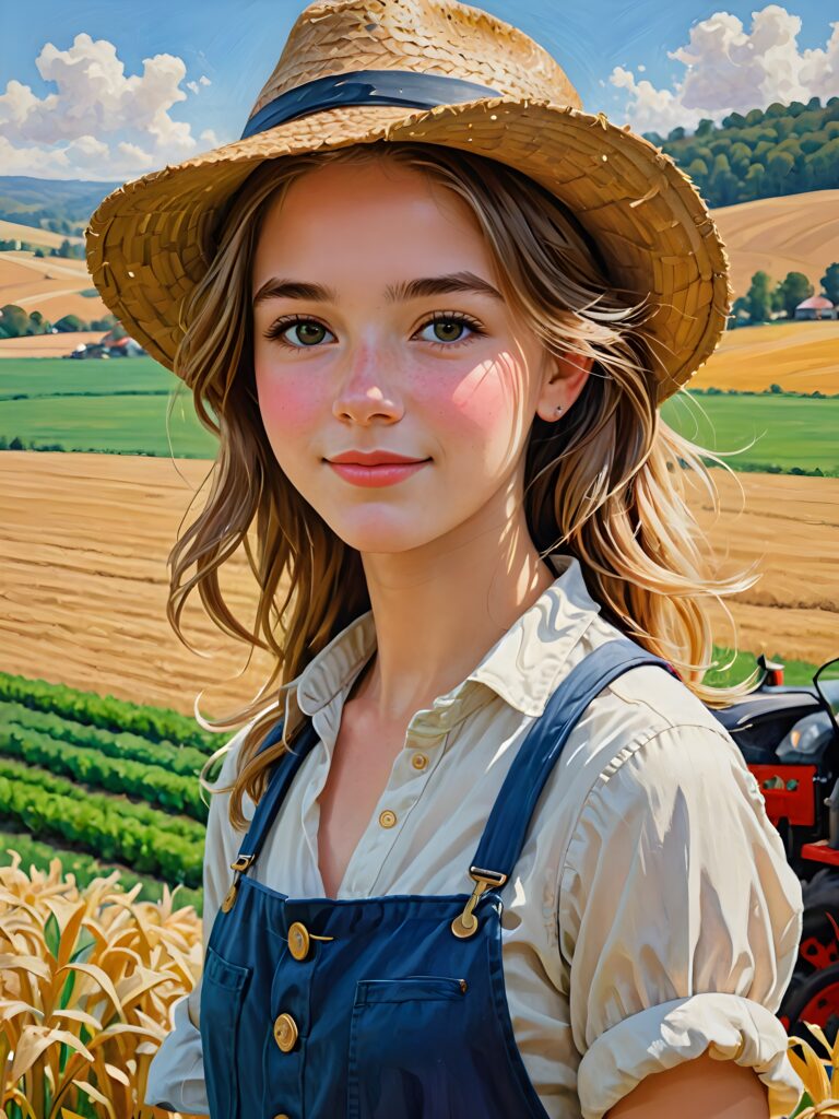 a beautifully illustrated (((farmer teen girl))) with intricate details and vivid colors, dressed in a ((thin yet elegant style)), capturing an air of whimsy and artistic flair, straight soft hair