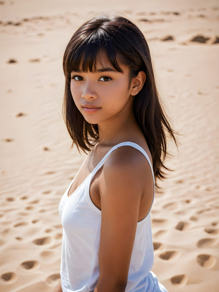 a beautifully portrait (((brown-skinned young teen girl))) with softly (straight black hair) framing her face in side bangs, full lips, (full body), she wears a white tank top, perfect curved body, in a dessert