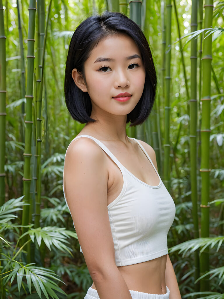 a beautifully portrait (((Asian teen girl))) with softly (straight black hair), full lips, (full body), she wears a white short crop tank top, perfect curved body, in a bamboo forest