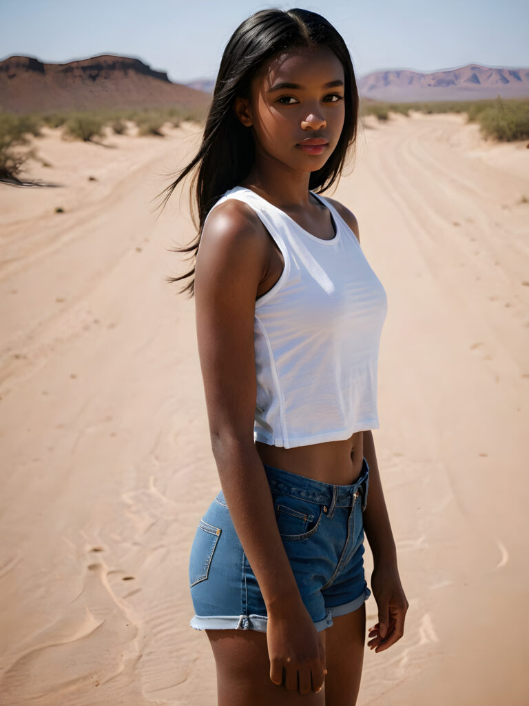 a beautifully portrait (((dark-skinned young teen girl))) with softly (straight black hair), full lips, (full body), she wears a white short crop tank top, perfect curved body, in a dessert