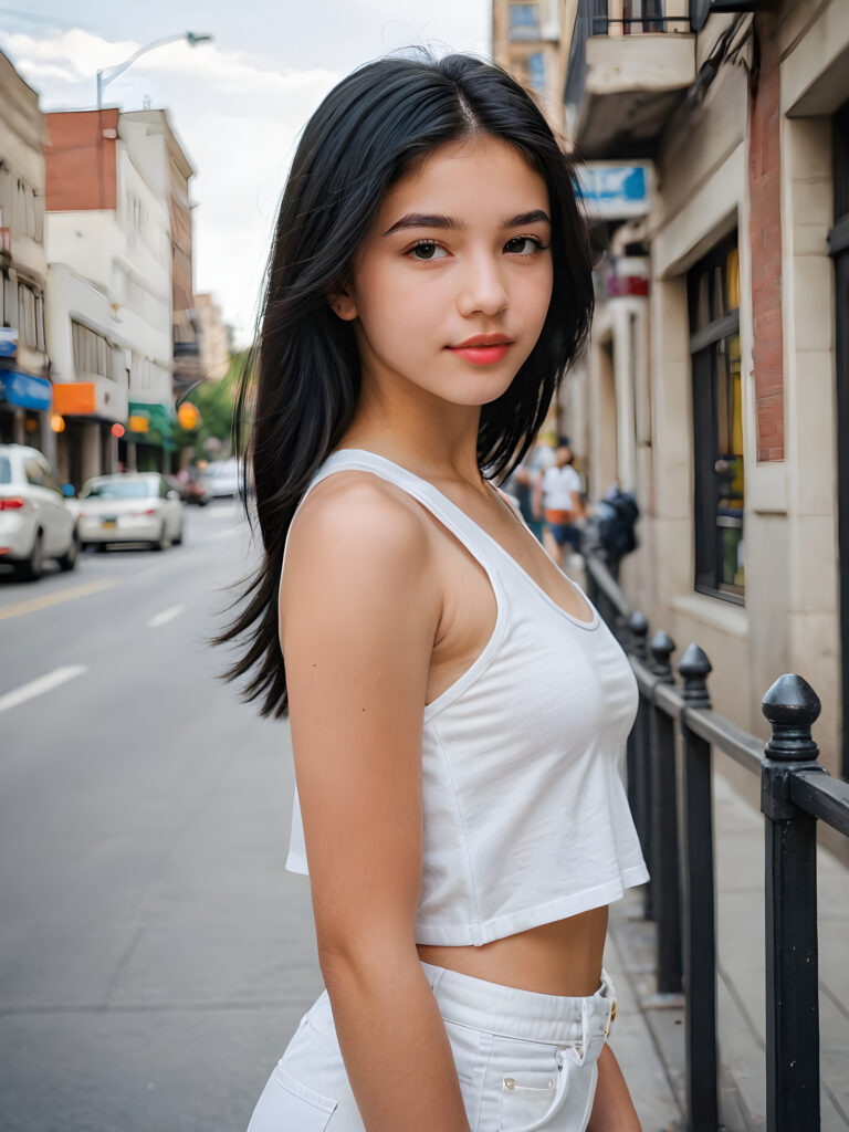 a beautifully portrait (((teen girl))) with softly (straight black hair), full lips, (full body), she wears a white short crop tank top, perfect curved body, in a city