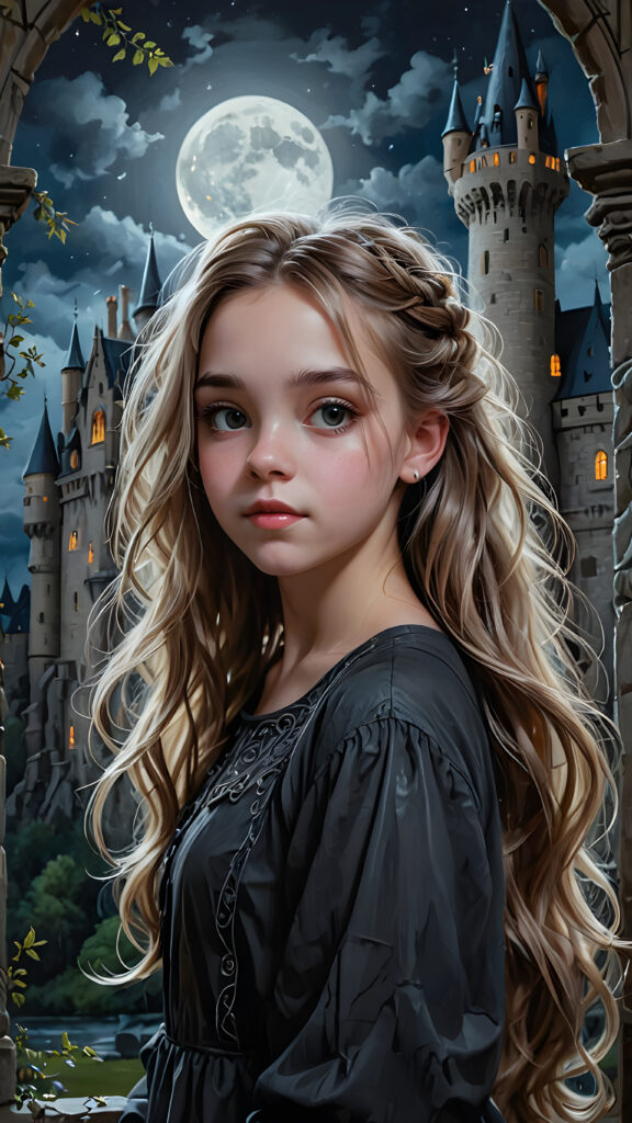 a beautifully photo (((vividly detailed))), featuring a (((teen girl))) with flowing locks, set against a (gothic backdrop of castles and moonlit forests)