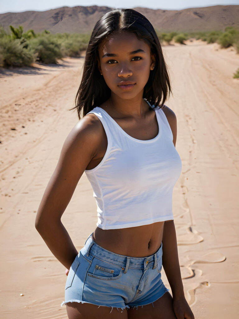 a beautifully portrait (((dark-skinned young teen girl))) with softly (straight black hair), full lips, (full body), she wears a white short crop tank top, perfect curved body, in a dessert