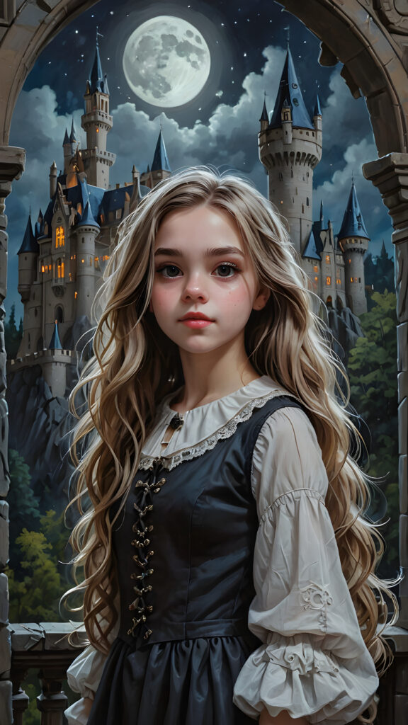 a beautifully photo (((vividly detailed))), featuring a (((teen girl))) with flowing locks, set against a (gothic backdrop of castles and moonlit forests)