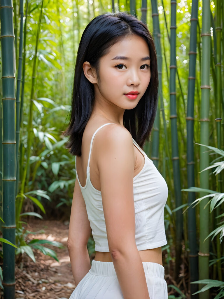 a beautifully portrait (((Asian teen girl))) with softly (straight black hair), full lips, (full body), she wears a white short crop tank top, perfect curved body, in a bamboo forest