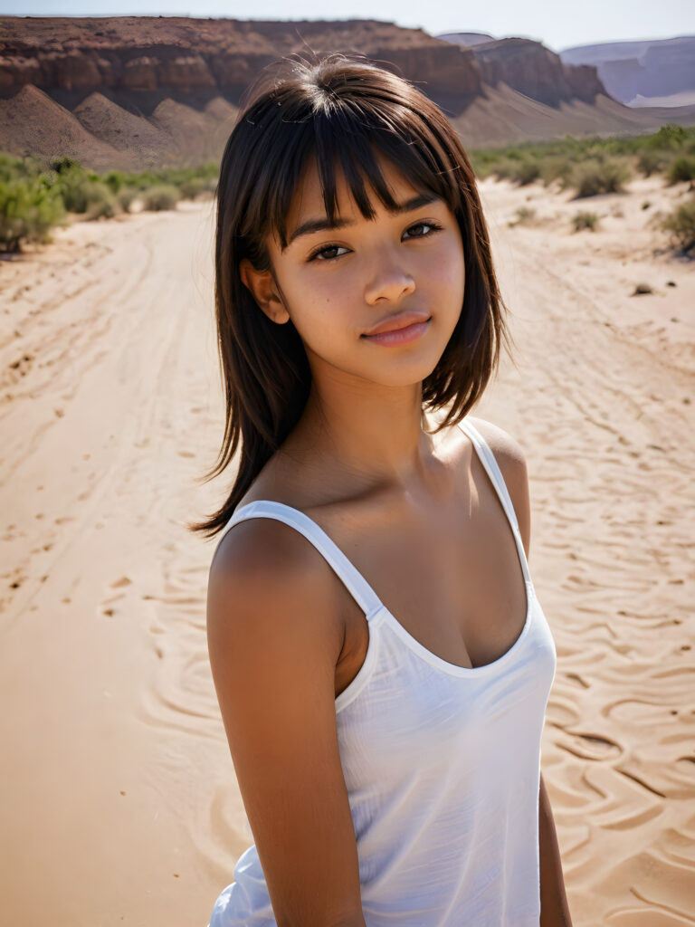 a beautifully portrait (((brown-skinned young teen girl))) with softly (straight black hair) framing her face in side bangs, full lips, (full body), she wears a white tank top, perfect curved body, in a dessert